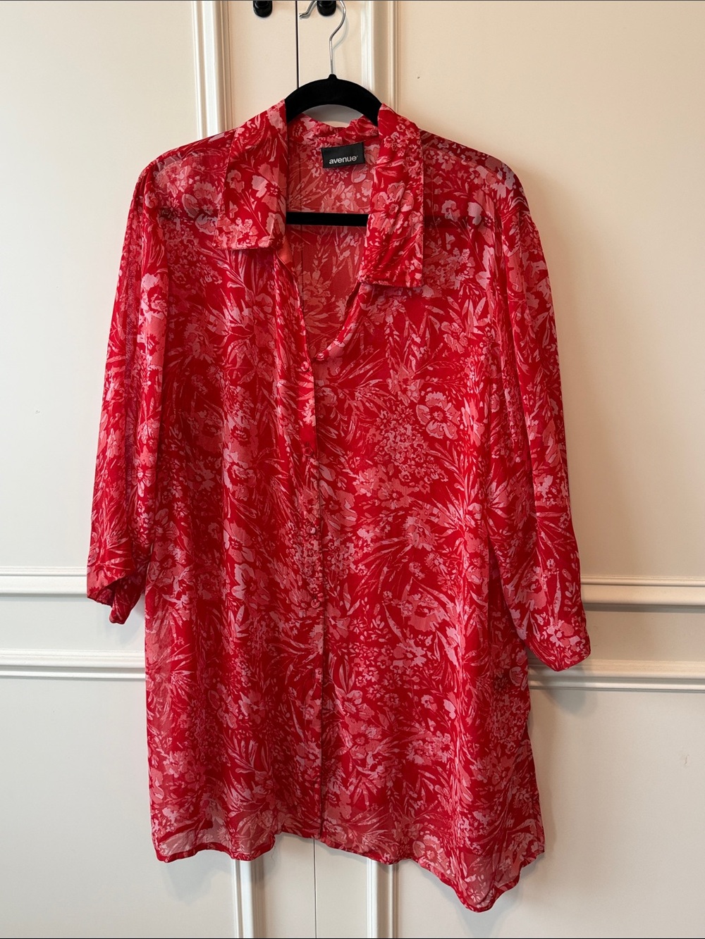 Avenue Red Floral Sheer Button-Down Shirt